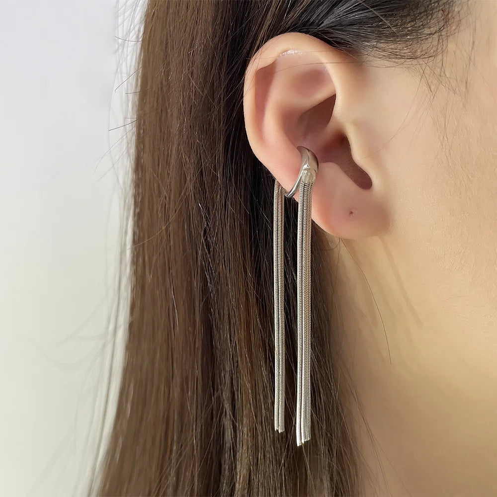 Vintage Water Drop Zircon Tassel Snake Shaped Ear Cuff Without Piercing Clip Earrings for Women Punk Chain Ear Clip Jewelry Gift