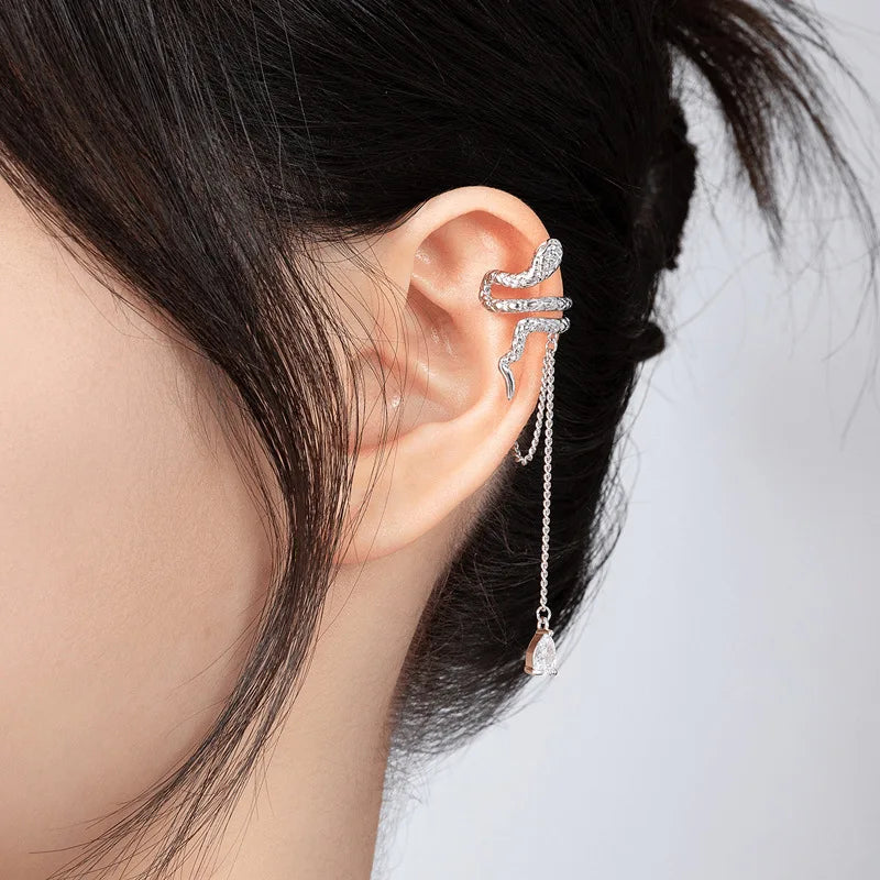 Vintage Water Drop Zircon Tassel Snake Shaped Ear Cuff Without Piercing Clip Earrings for Women Punk Chain Ear Clip Jewelry Gift