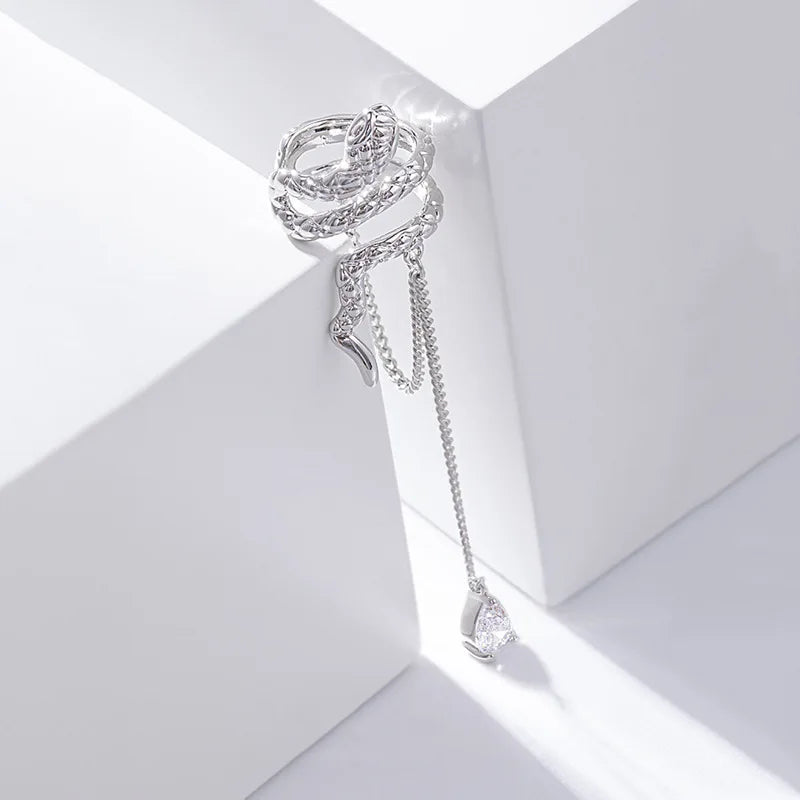Vintage Water Drop Zircon Tassel Snake Shaped Ear Cuff Without Piercing Clip Earrings for Women Punk Chain Ear Clip Jewelry Gift