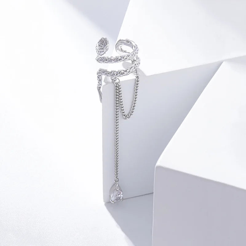 Vintage Water Drop Zircon Tassel Snake Shaped Ear Cuff Without Piercing Clip Earrings for Women Punk Chain Ear Clip Jewelry Gift