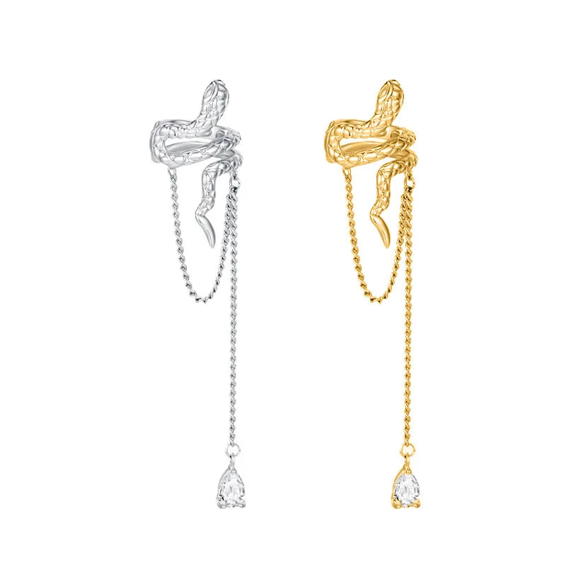 Vintage Water Drop Zircon Tassel Snake Shaped Ear Cuff Without Piercing Clip Earrings for Women Punk Chain Ear Clip Jewelry Gift