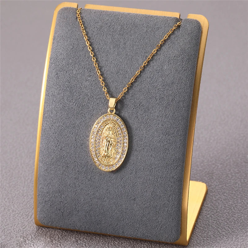 Virgin Mary Pendant Necklace for women  golden rotundity Stainless Steel Lips Neck Chain Female Necklaces Jewelry for Girl
