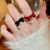 Winter Flocking Design Pearl Bow Rings Women Exquisite Opening Finger Ring Christmas Jewelry Accessories