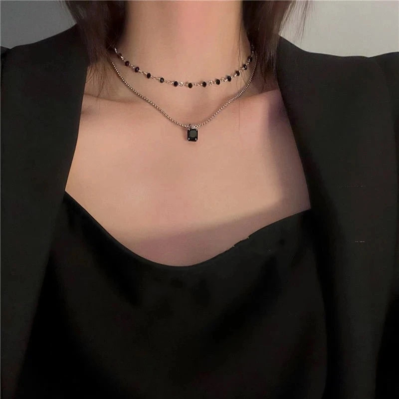 Women Choker Necklace Double Layer Beads Necklace Gift for Friend Silver Color Geometric Necklace   Collar Jewelry