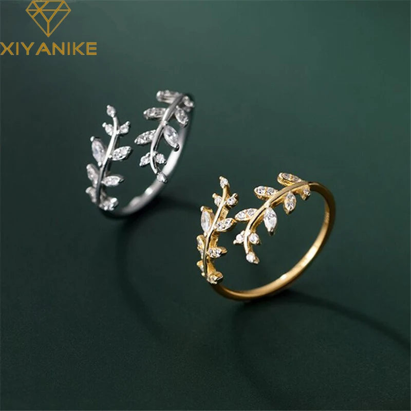 XIYANIKE Silver Color  Minimalism Shiny Diamond Leaf Opening Ring Female  Exquisite Jewelry Birthday Gift Кольцо