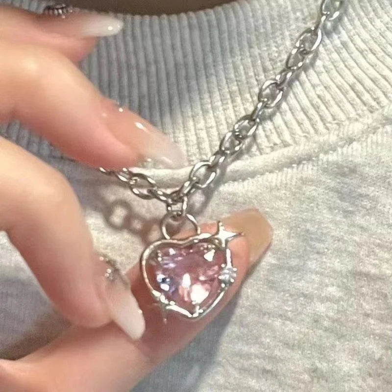 Y2K Accessories Peach Heart Water Drop Pendant Necklace Pink Crystal Egirl Sweet Cool Clavicle Chain Aesthetic Jewelry