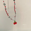 Y2K Red Cherry Heart Beaded Choker Necklace Women Boho Beads Cherry Pendant Necklaces Vintage Irregular Egirl Necklace Jewelry