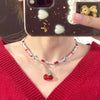 Y2K Red Cherry Heart Beaded Choker Necklace Women Boho Beads Cherry Pendant Necklaces Vintage Irregular Egirl Necklace Jewelry