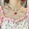 Y2K Red Cherry Heart Beaded Choker Necklace Women Boho Beads Cherry Pendant Necklaces Vintage Irregular Egirl Necklace Jewelry