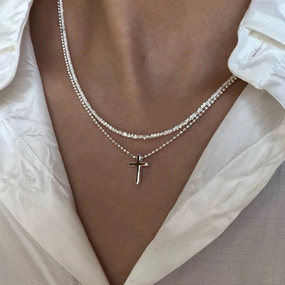 Y2K Shiny Sparkling Clavicle Chain Necklaces for Women Teens   Temperament Silver Color Cross Pendant Necklace Jewelry
