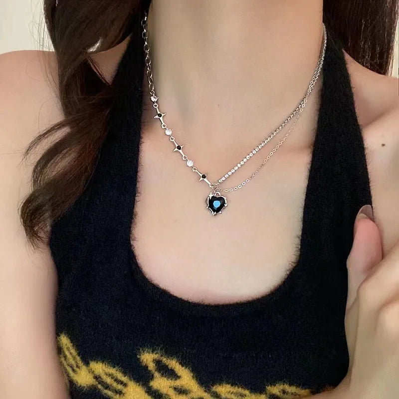 Y2K Star Heart Pendant Necklace for Women Egirl Korean Vintage Cow Leather Sweater Chain Pentagram Long Necklace Jewelry