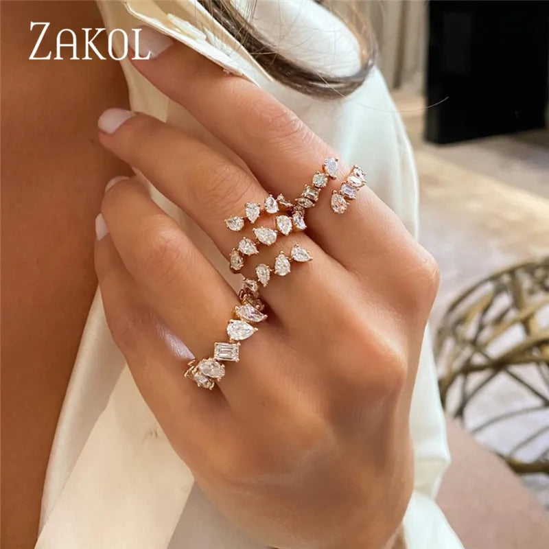 ZAKOL  3 Layers Irregular Zirconia Open Rings for Women Silver Color Ring Rectangle Shinny Jewelry