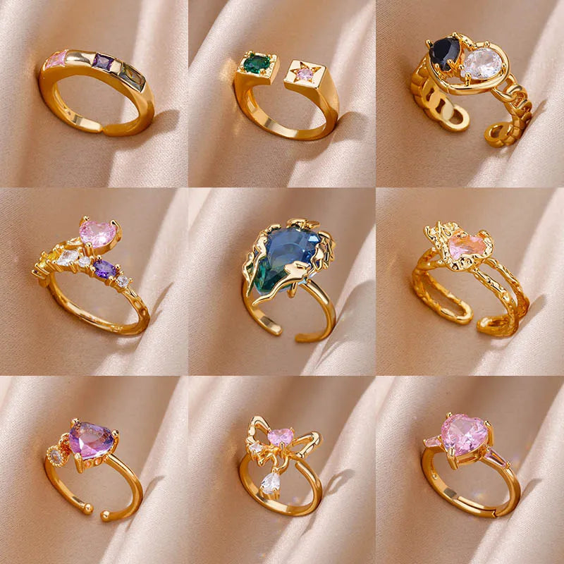 Zircon Flame Drop Rings For Women Gold Plated Stainless Steel Water Drop Adjustable Ring Femme Wedding Party Jewelry Gift Femme