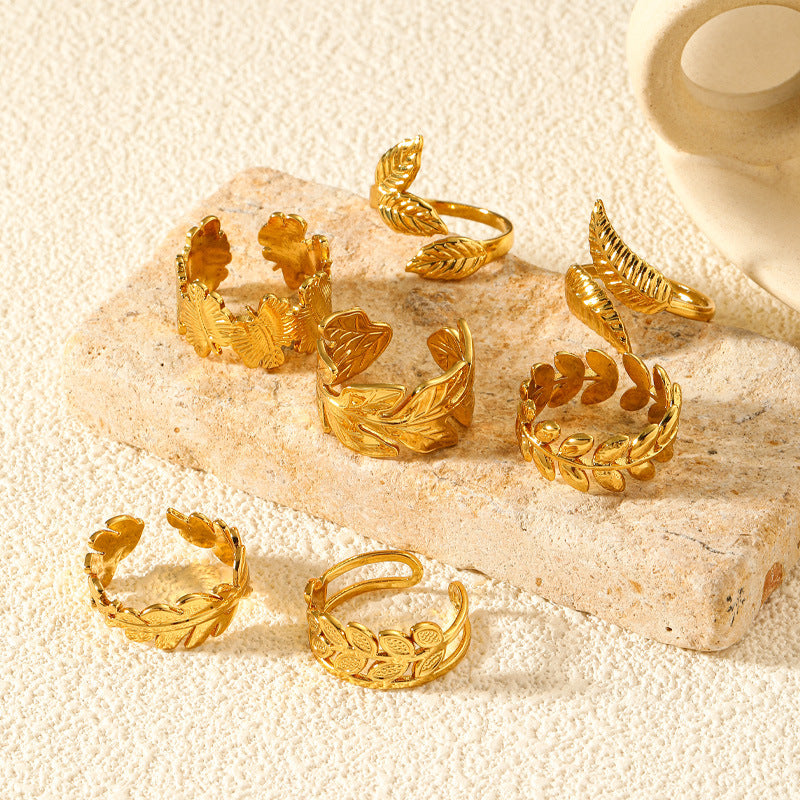 Open Ring, Gold-Tone Stainless Steel, Leaf, Flower, Snake and Geometric Designs, 40 Style Options