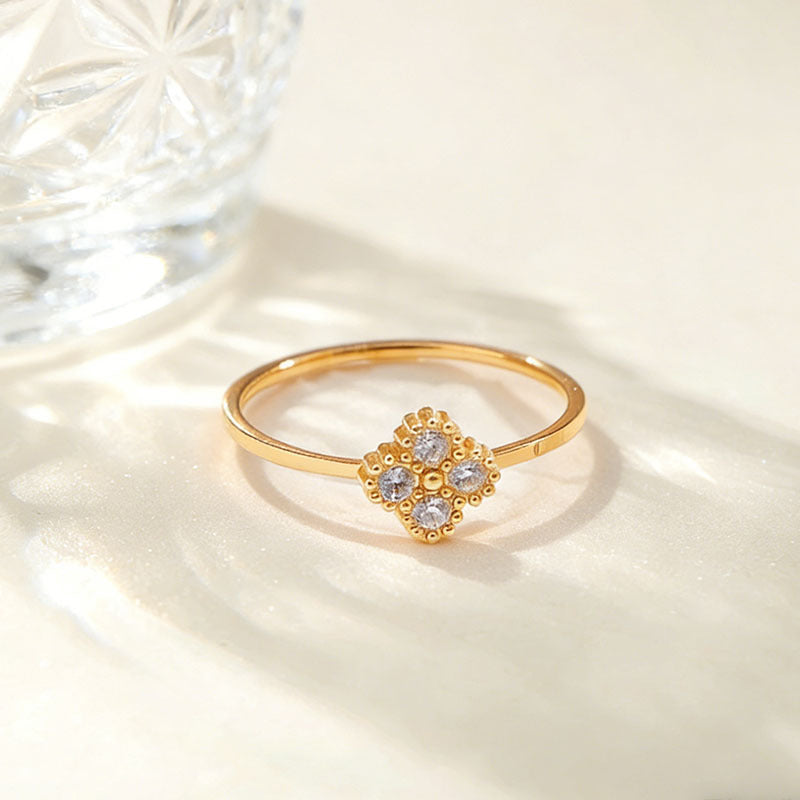 Clover Ring, Gold-Tone Stainless Steel with Clear Accents, US Sizes 5-10