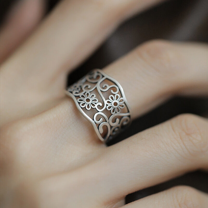 Filigree Ring for Women, Silver-Tone Wide Open Band with Floral Cutout Pattern