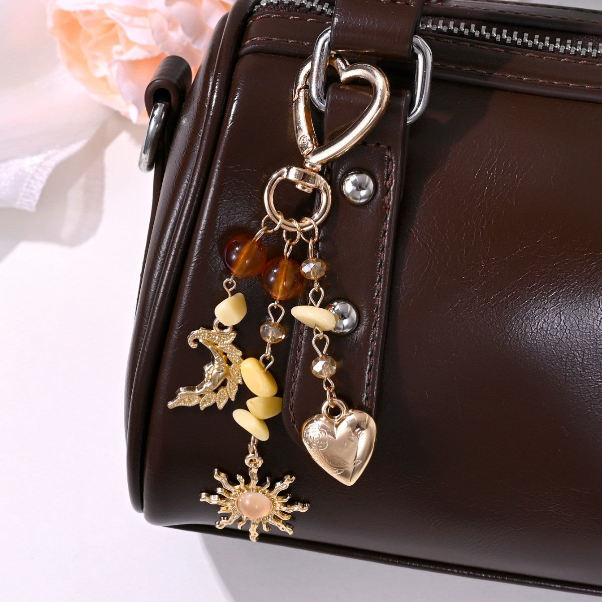 Sun, Moon and Heart Charm Keychain, Gold-Tone Alloy with Colored Beads, 27 Style Options