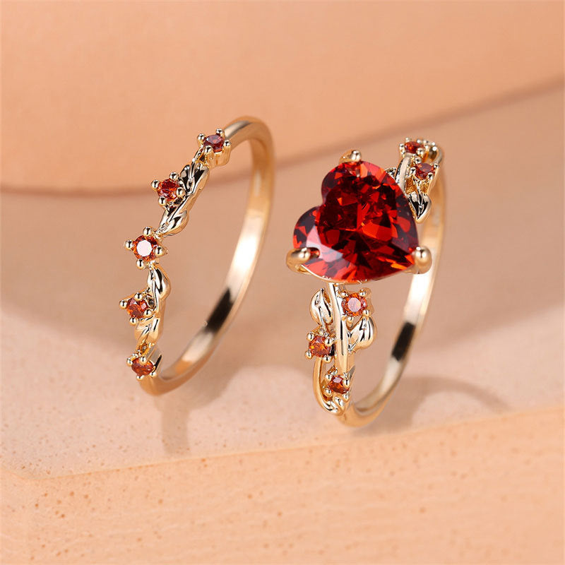 Heart-Shaped Accent Ring Set, Alloy, Two-Piece Design with Leaf Band, Five Color Options