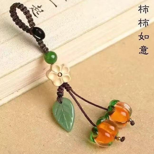 Persimmon Bag and Phone Charm, Glass with Leaf and Flower Details, 7 Cord Styles