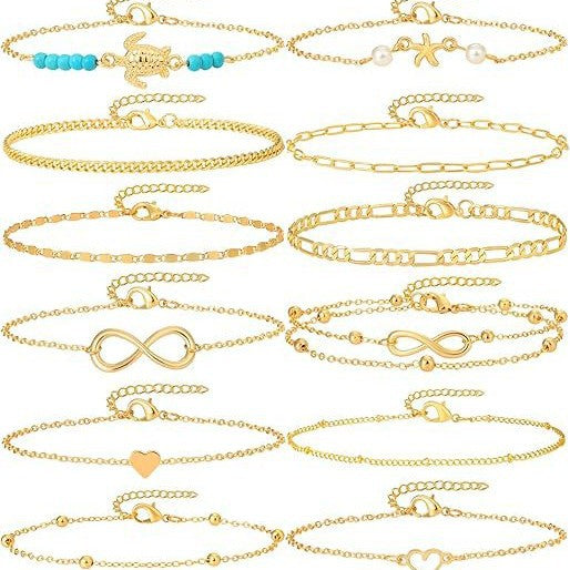 12-Piece Adjustable Anklet Set, Alloy Chains in Gold, Silver and Mixed-Tone Design Options - Product view 1