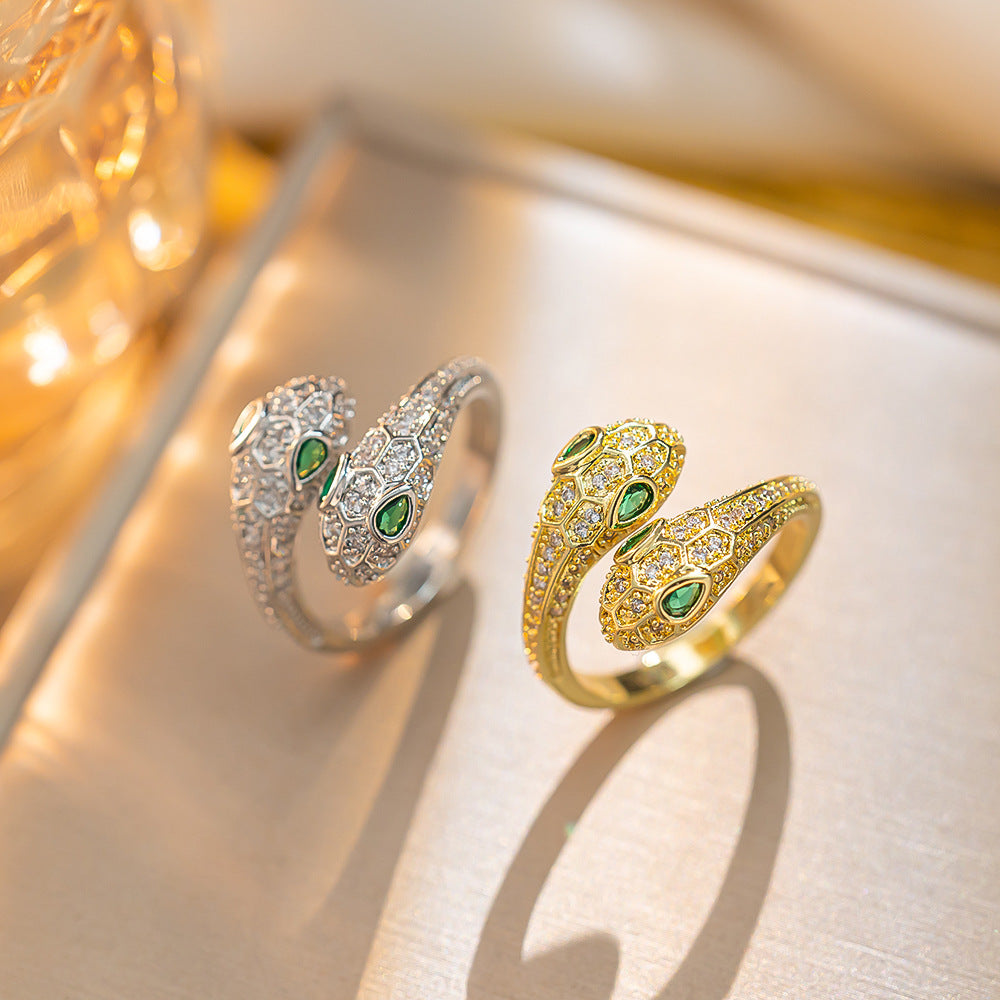 Double-Headed Snake Open Ring, Copper, Clear and Green Accents, Gold- or Silver-Tone