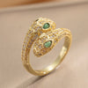 Double-Headed Snake Open Ring, Copper, Clear and Green Accents, Gold- or Silver-Tone