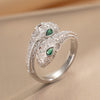Double-Headed Snake Open Ring, Copper, Clear and Green Accents, Gold- or Silver-Tone