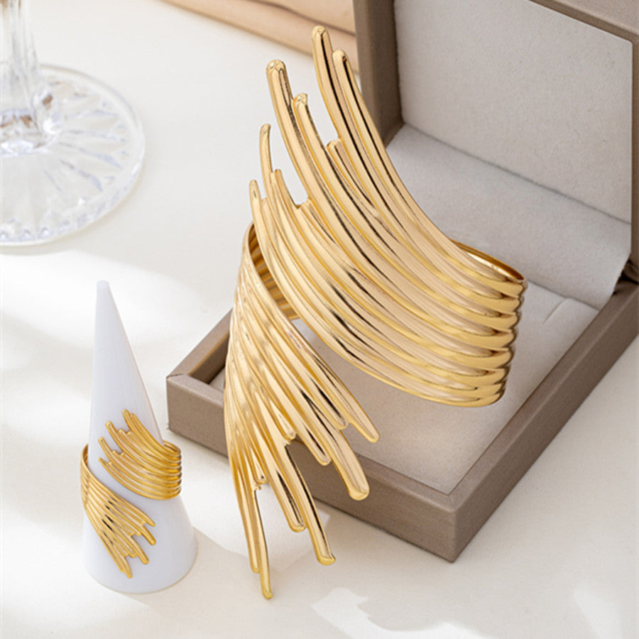 Cuff Bracelet and Ring Set, Gold-Tone Iron, Open Multi-Bar Design
