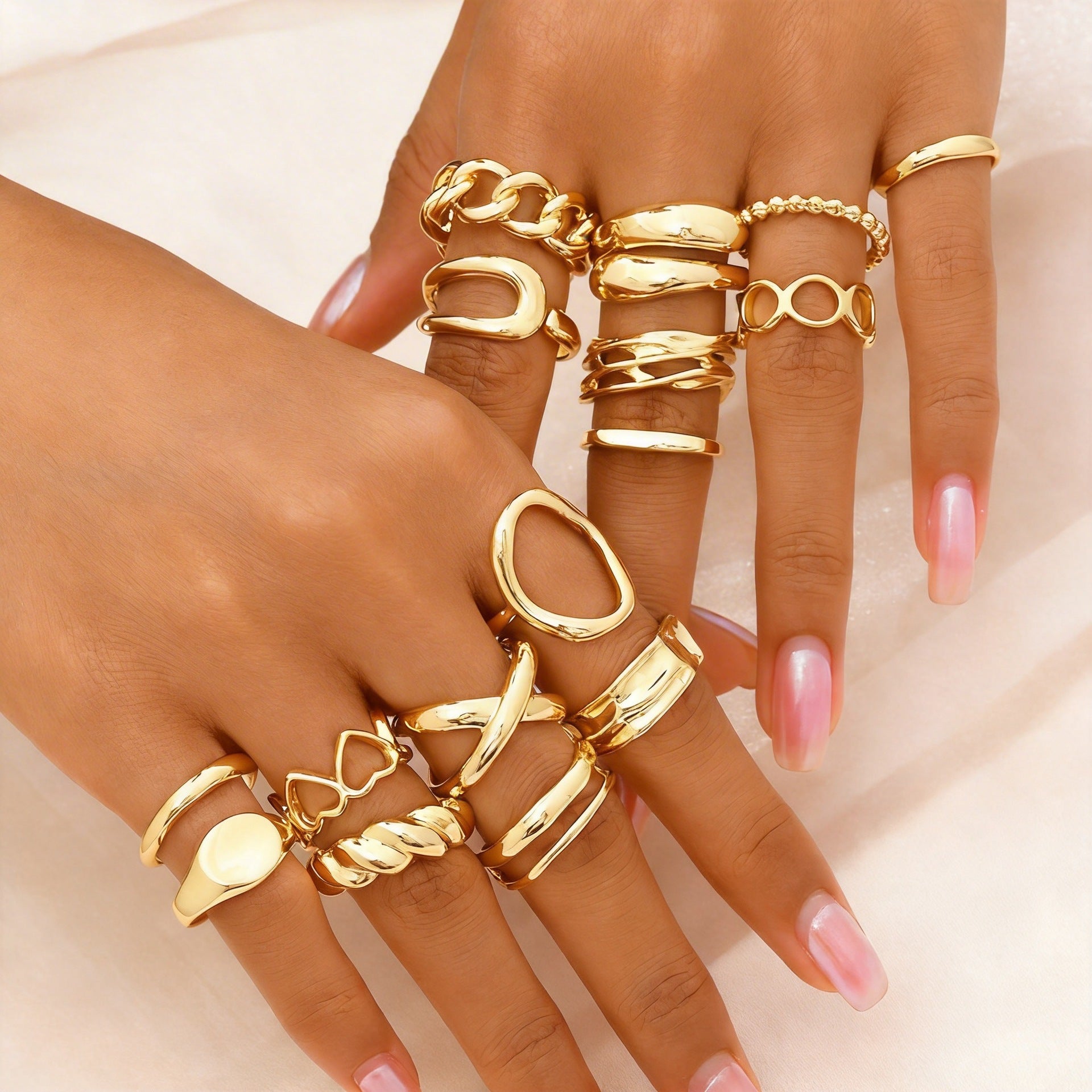 16-Piece Adjustable Open Ring Set for Women, Geometric Zinc Alloy Designs in Gold or Silver Tone - Product view 1