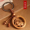 Wood Zodiac Animal Keychains, Round Carved Pendants with Knotted Cord, 12 Design Options