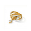 Leaf Wrap Ring, Gold-Tone 304 Stainless Steel with Dangling Marquise Accent, Clear or Green