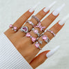 Pink Heart and Butterfly Stacking Ring Set, Alloy, 10 Pieces, Gold- or Silver-Tone