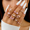 Pink Heart and Butterfly Stacking Ring Set, Alloy, 10 Pieces, Gold- or Silver-Tone