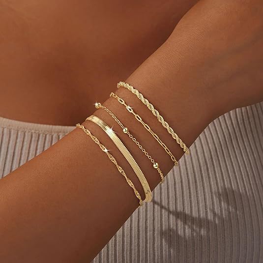 Layered Chain Bracelet Sets for Women, Alloy Bands with Bead Accents in Gold or Silver Tone - Product view 1