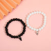 Magnetic Couple Bracelet Set, Crown and Heart Details with 8 mm Black and White Beads - Glass / 8 mm