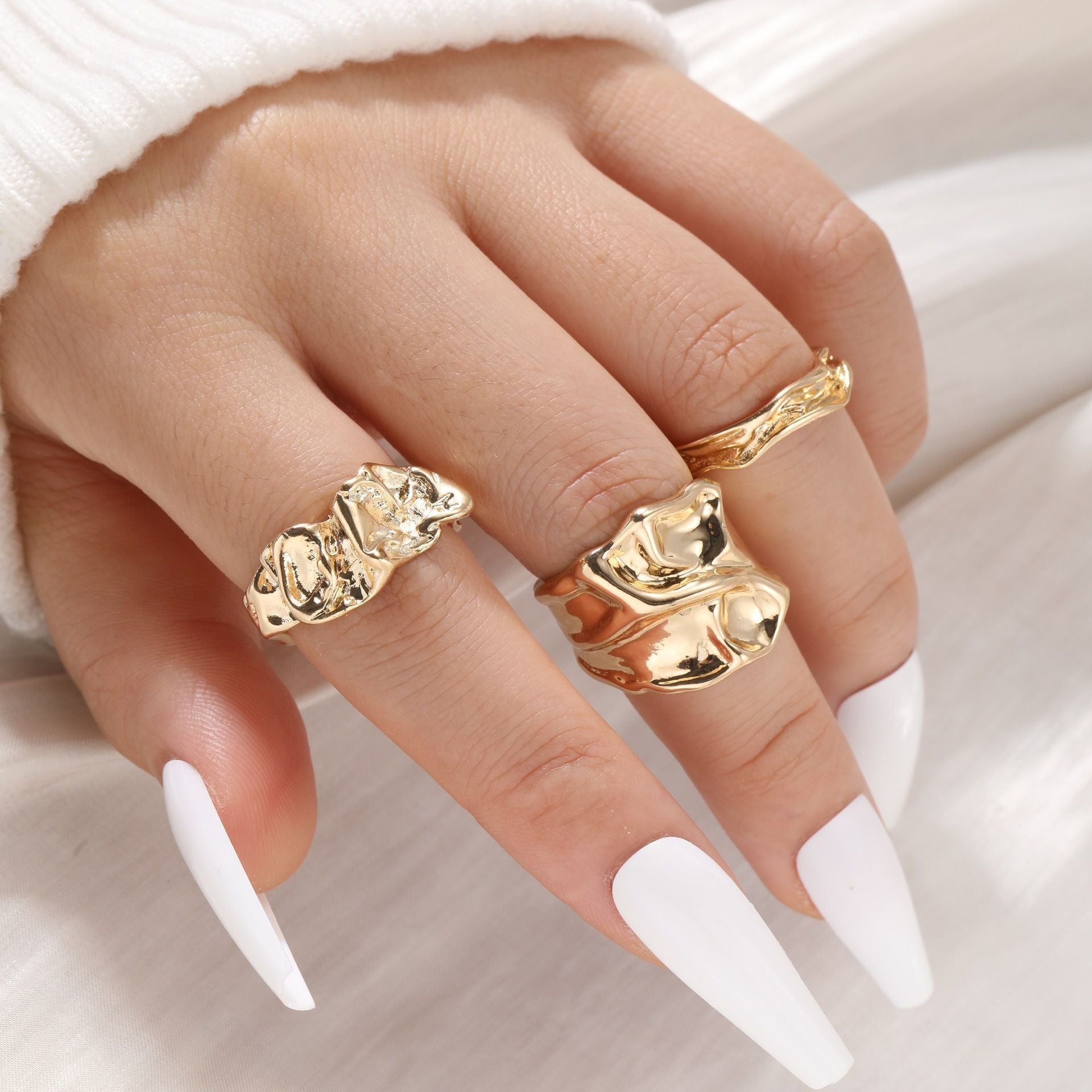 3-Piece Open Ring Set for Women, Gold-Tone Alloy Bands with Irregular Pleated Texture - Gold 3-piece set