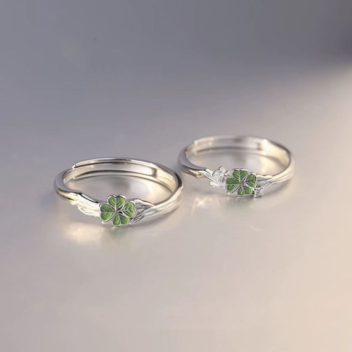 Four-Leaf Clover Open Rings, Alloy, Silver-Tone with Green Detail, Individual Styles or Pair