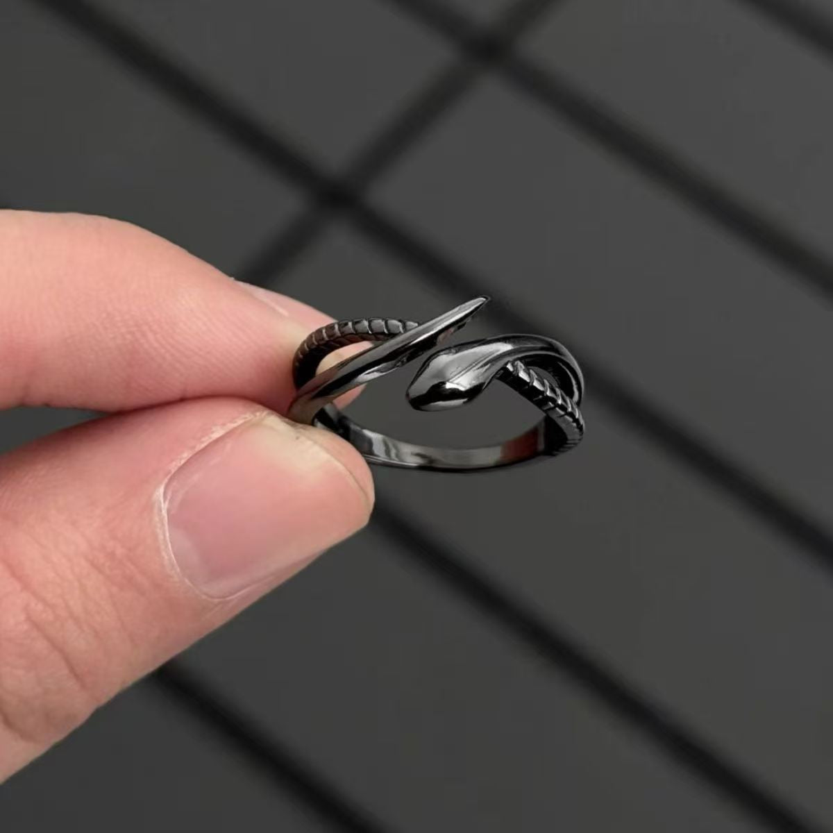 Snake Open Ring, Black Alloy, Coiled Design, Adjustable