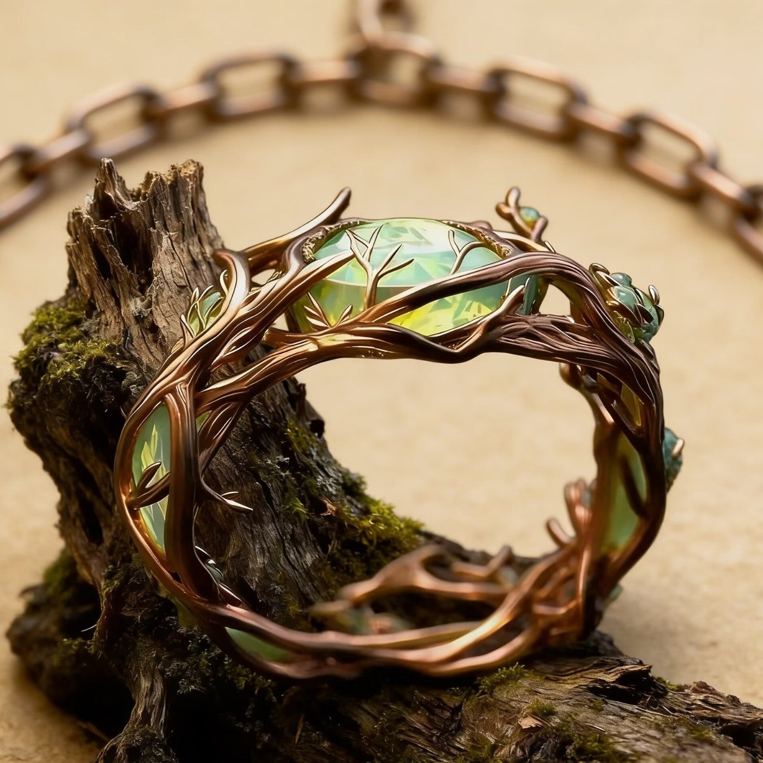 Vine Ring, Alloy with Oval Green Accent, Gold-, Silver- or Rose-Gold-Tone