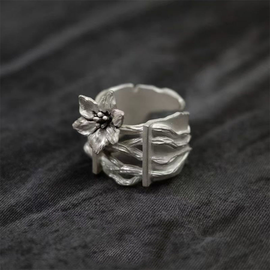Floral Open Ring, Zinc Alloy, Silver-Tone with Raised Flower and Textured Multi-Bar Band