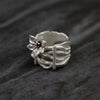 Floral Open Ring, Zinc Alloy, Silver-Tone with Raised Flower and Textured Multi-Bar Band