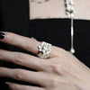 Floral Open Ring, Zinc Alloy, Silver-Tone with Raised Flower and Textured Multi-Bar Band