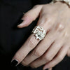 Floral Open Ring, Zinc Alloy, Silver-Tone with Raised Flower and Textured Multi-Bar Band