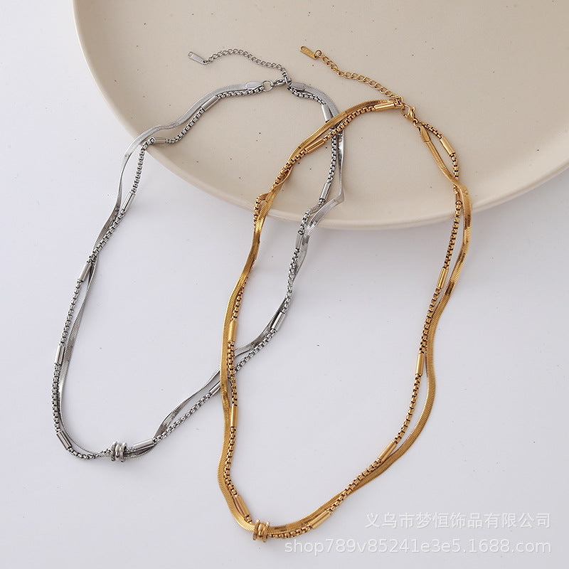Double-Strand Stainless Steel Necklace, Layered Bead Chain in Gold or Steel Tone, 50 cm with 7 cm Extension - Product view 1
