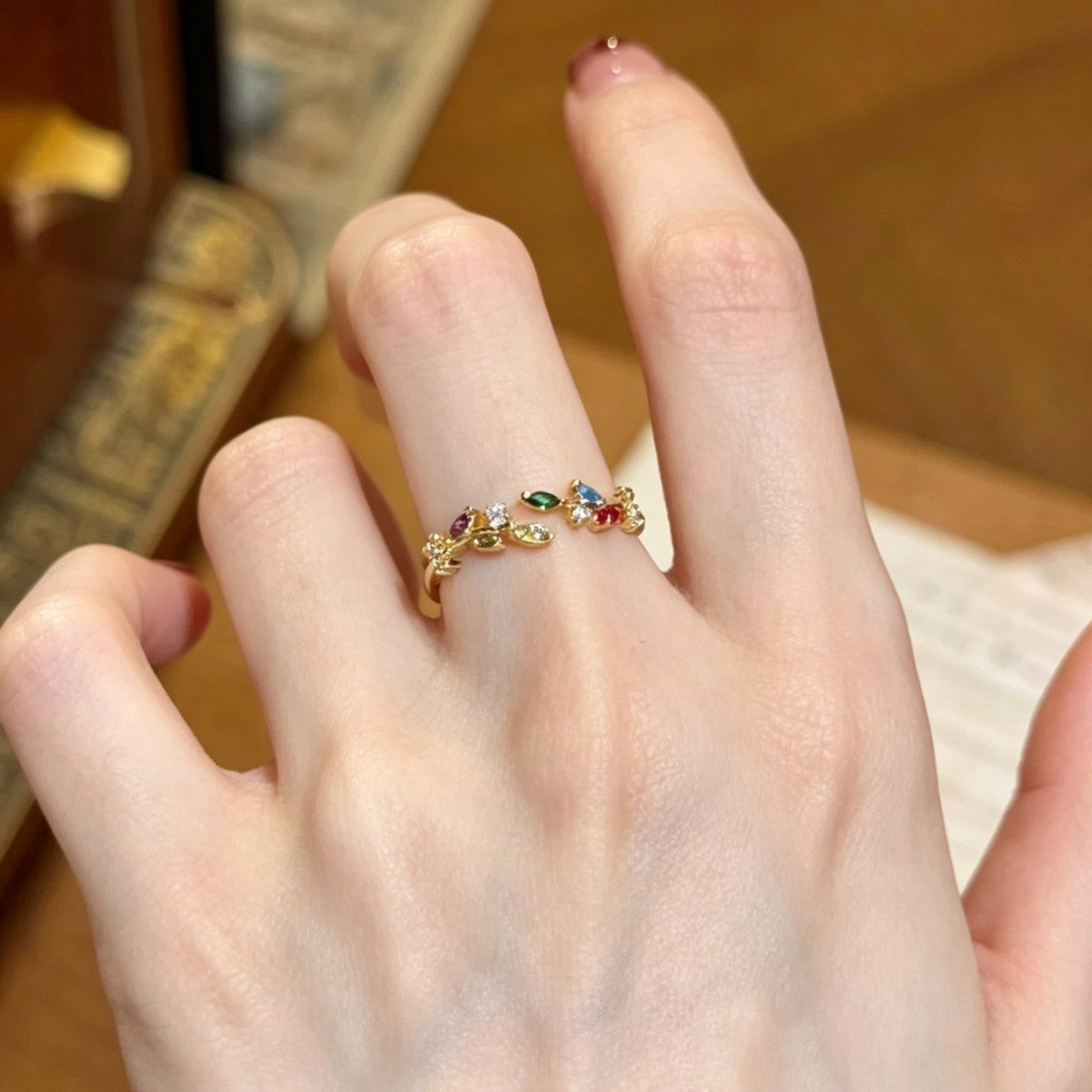 Adjustable Open Leaf Ring for Women, Copper Band with Clear, Green or Multicolor Zircon Accents - Product view 1