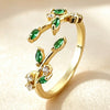 Adjustable Open Leaf Ring for Women, Copper Band with Clear, Green or Multicolor Zircon Accents - Green, white, zirconium, gold / Adjustable opening