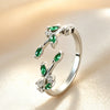 Adjustable Open Leaf Ring for Women, Copper Band with Clear, Green or Multicolor Zircon Accents - Green, white, zirconium, silver / Adjustable opening