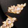 Long Leaf Open Ring, Copper with Clear Accents, Gold- or Silver-Tone, Adjustable