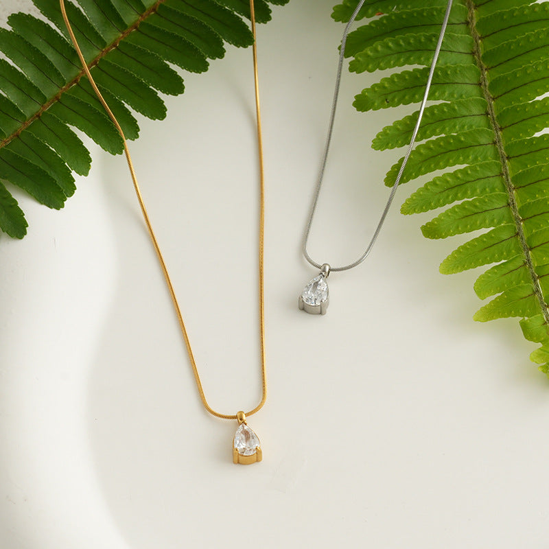 Teardrop Pendant Necklace for Women, Titanium Steel Snake Chain with Zircon Accent, Gold or Silver Tone - Product view 1