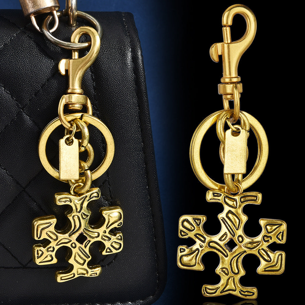 Ornate Cross Charm Keychain, Metal, Gold- or Silver-Tone with Lobster Clasp